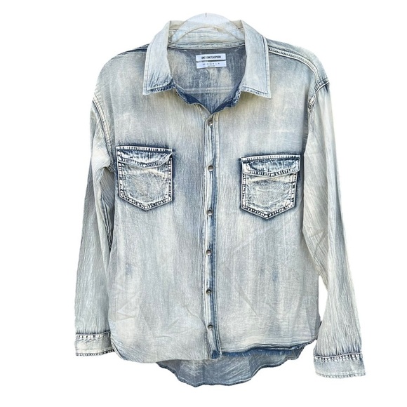 One Teaspoon Distressed Denim Button Down Shirt Lightweight Washed Bleached Look - Picture 1 of 15